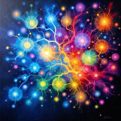 The primary subject of the image is a vibrant and colorful painting of a brain. The setting is a dark background, which contrasts with the bright colors of the brain. The visual style is a digital art or illustration, showcasing the intricate details of the brain. The dominant colors are a mix of bright and warm hues, creating a lively and energetic atmosphere.
